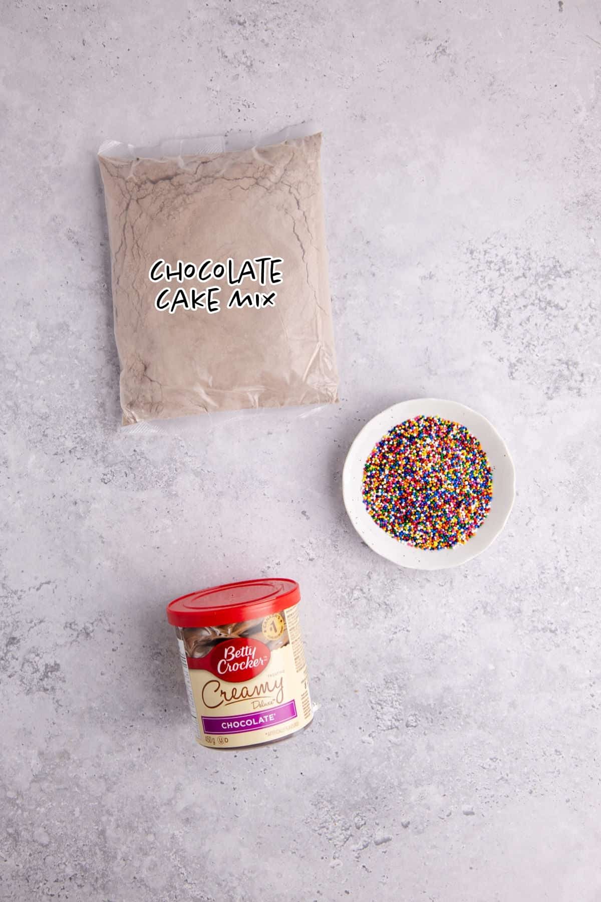 Chocolate Viral Dot Cake Ingredients on a counter