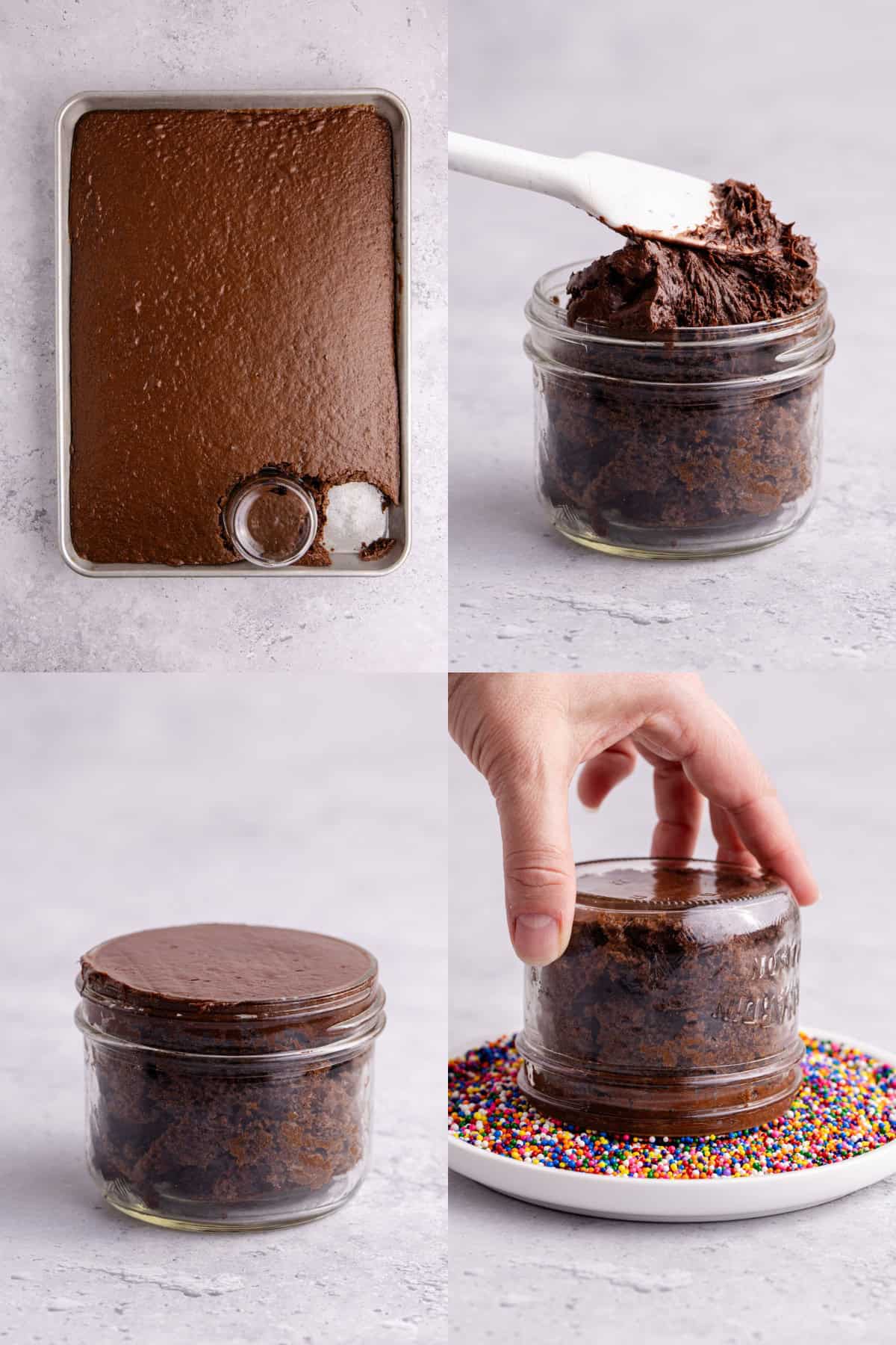 Chocolate Viral Dot Cakes being made in small mason jars then dipped into sprinkles