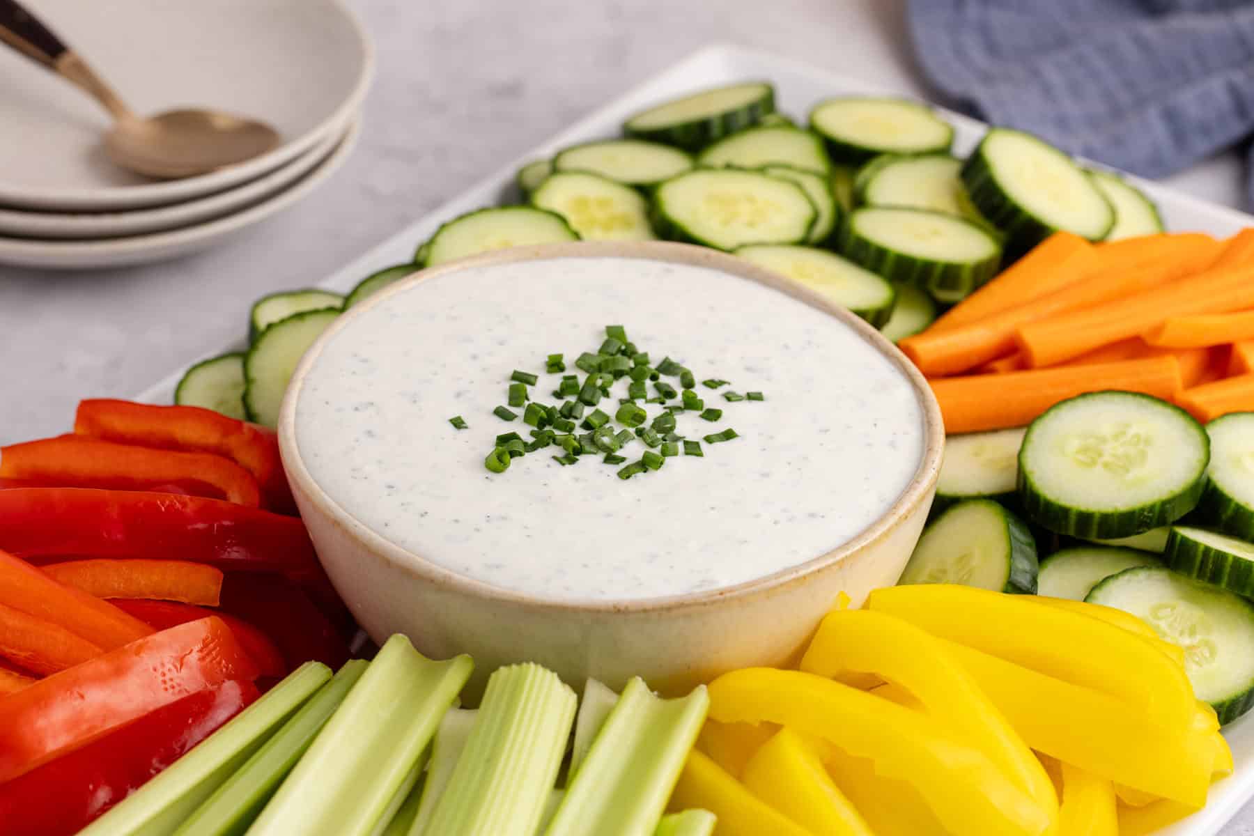 Cottage Cheese Ranch Dip on a tray in a serving bowl