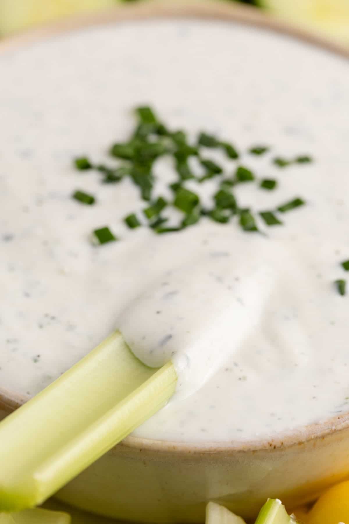 Cottage Cheese Ranch Dip up close in a serving bowl with a celery stick