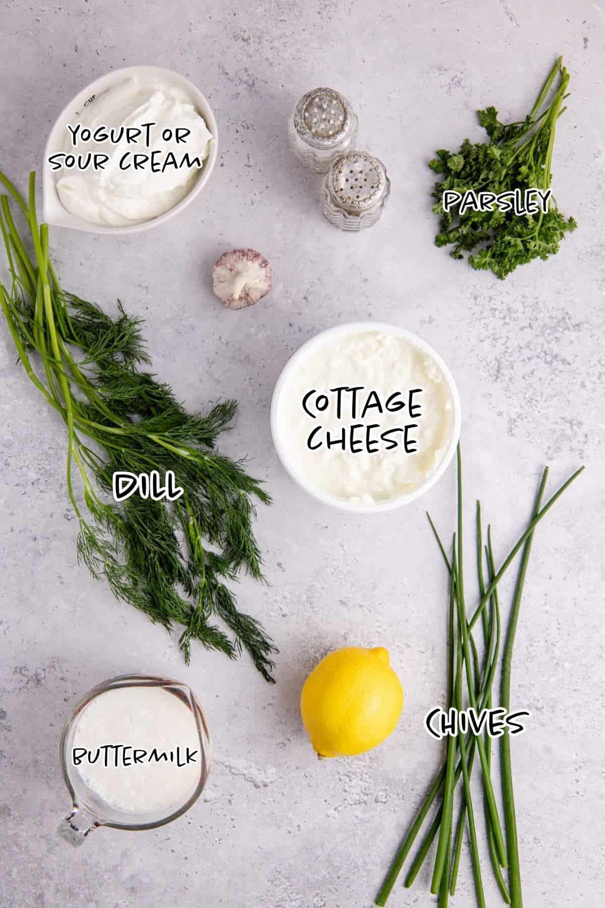 Cottage Cheese Ranch Dip Ingredients on a counter