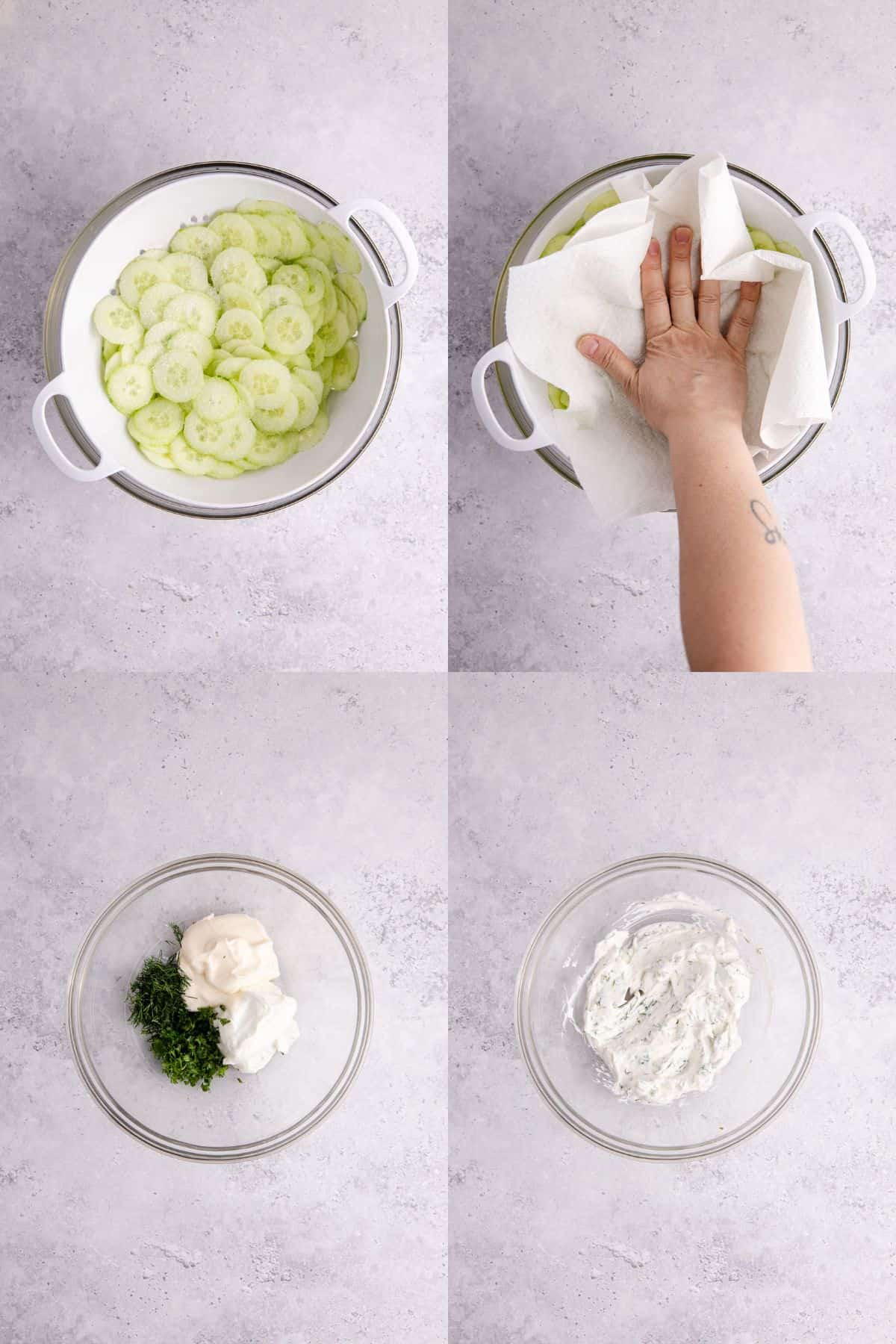 Creamy Cucumber Salad being made in a colander and bowl