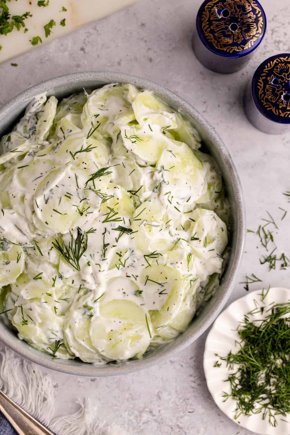 Creamy Cucumber Salad in a bowl from overhead