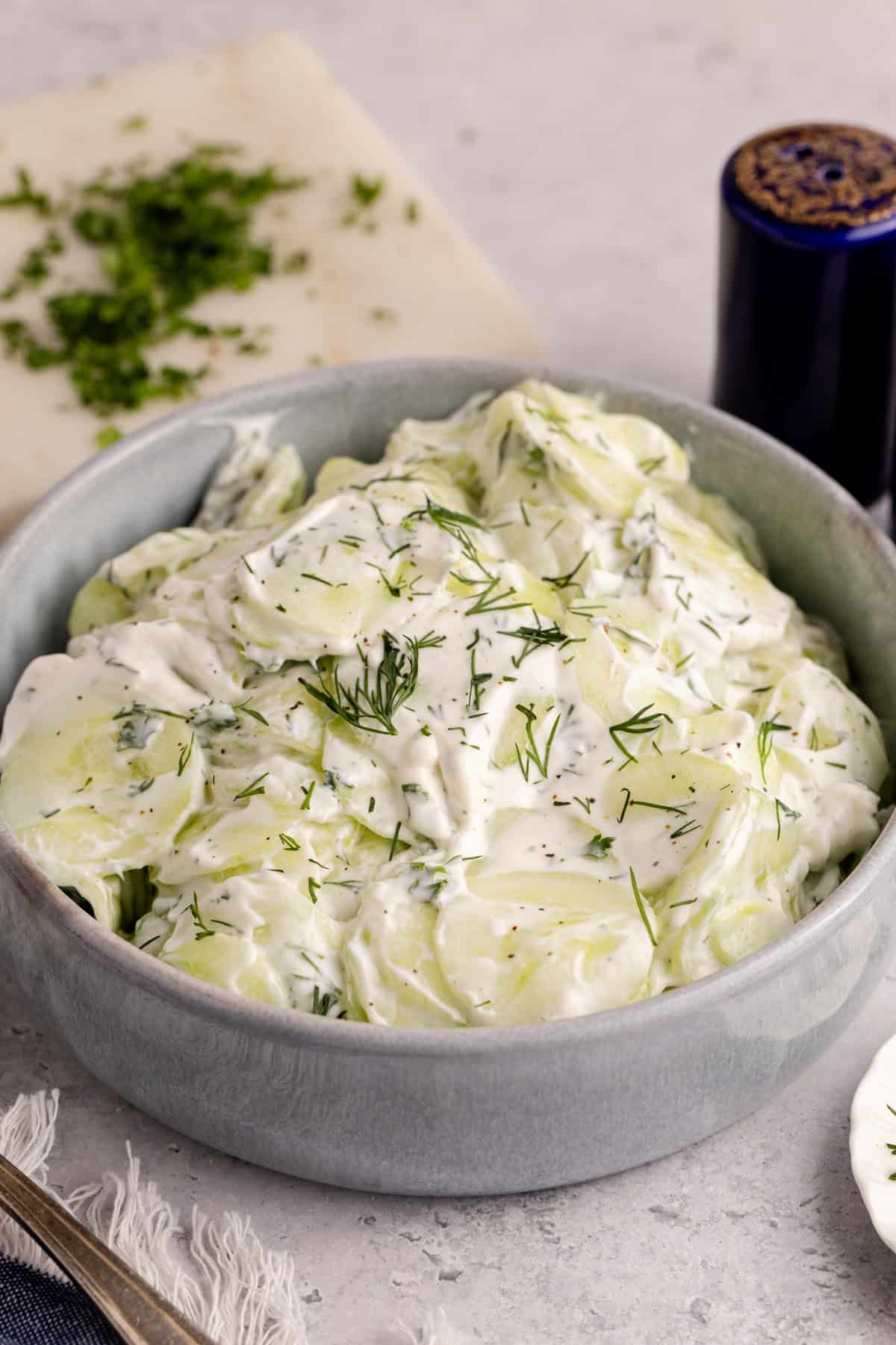 Creamy Cucumber Salad in a bowl