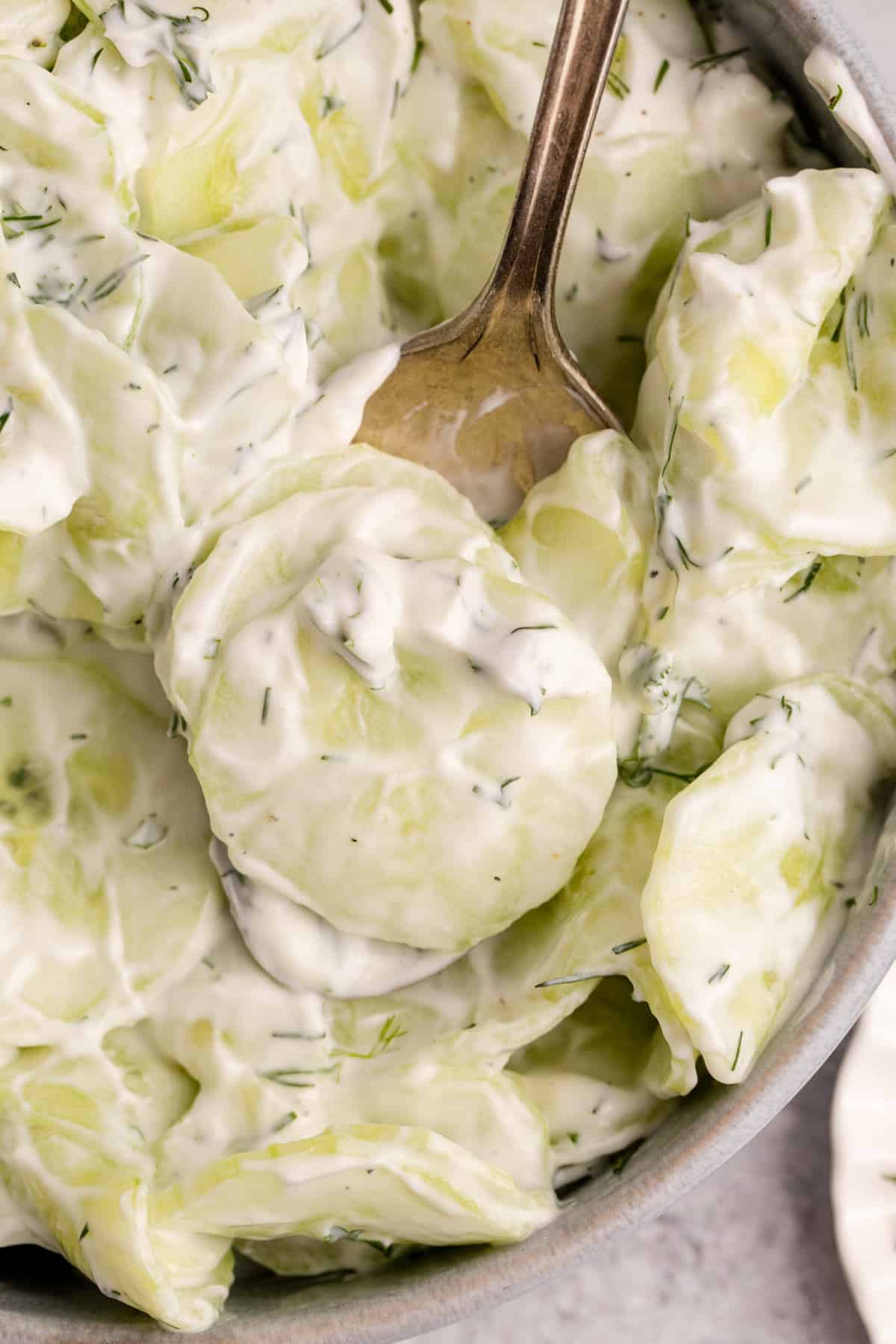 Creamy Cucumber Salad with some on a serving spoon close up