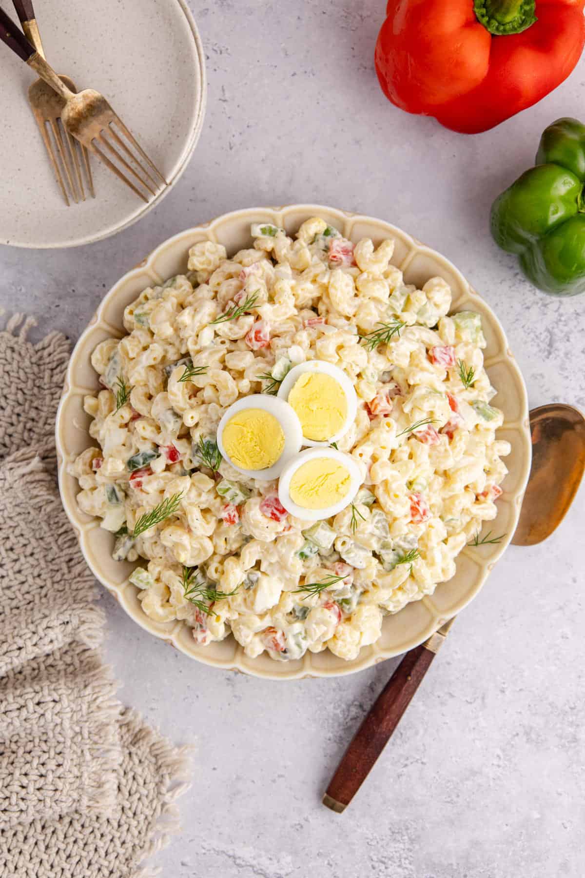 Macaroni Salad in a serving dish from above