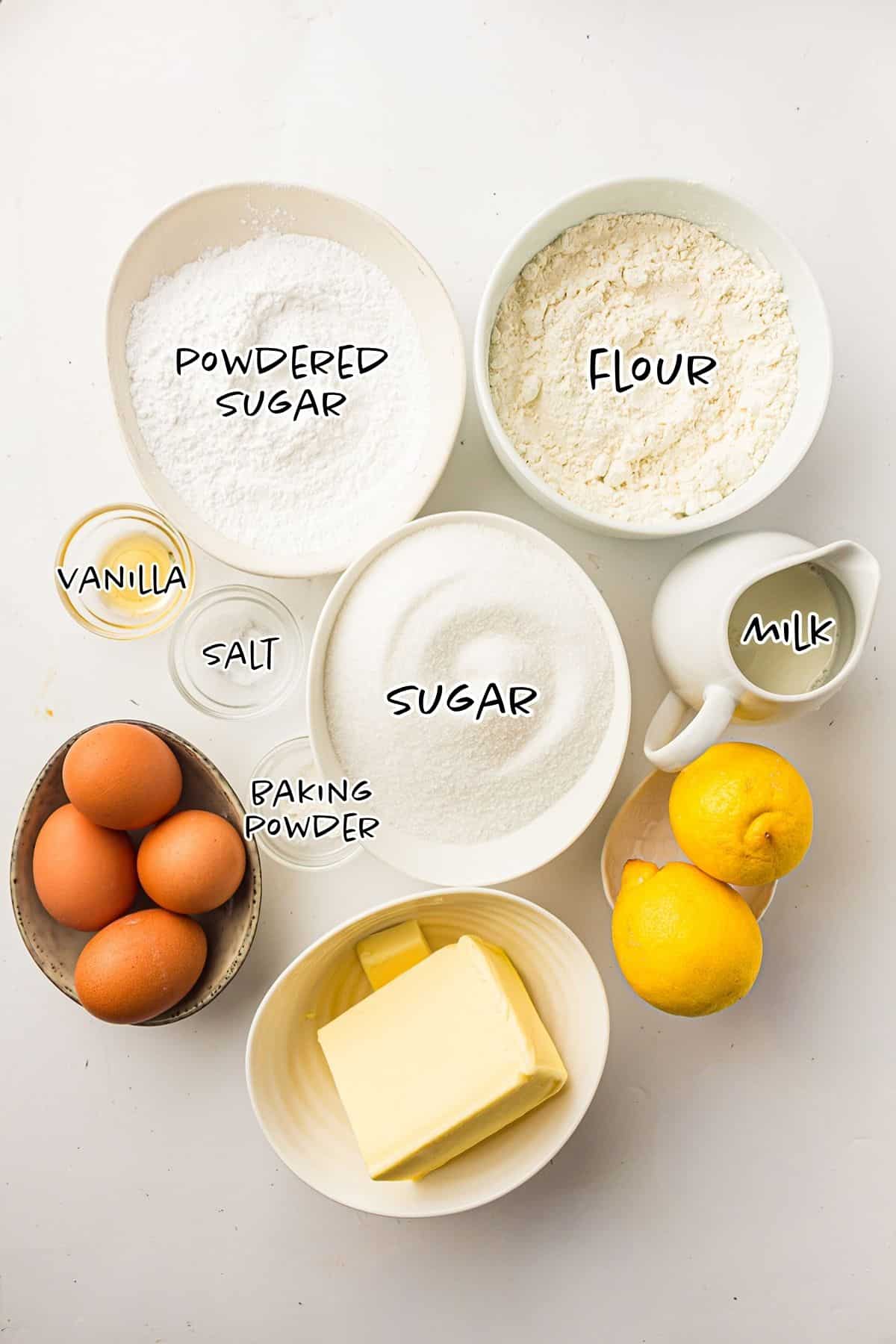 Old Fashioned Lemon-Pound Cake Ingredients on a counter