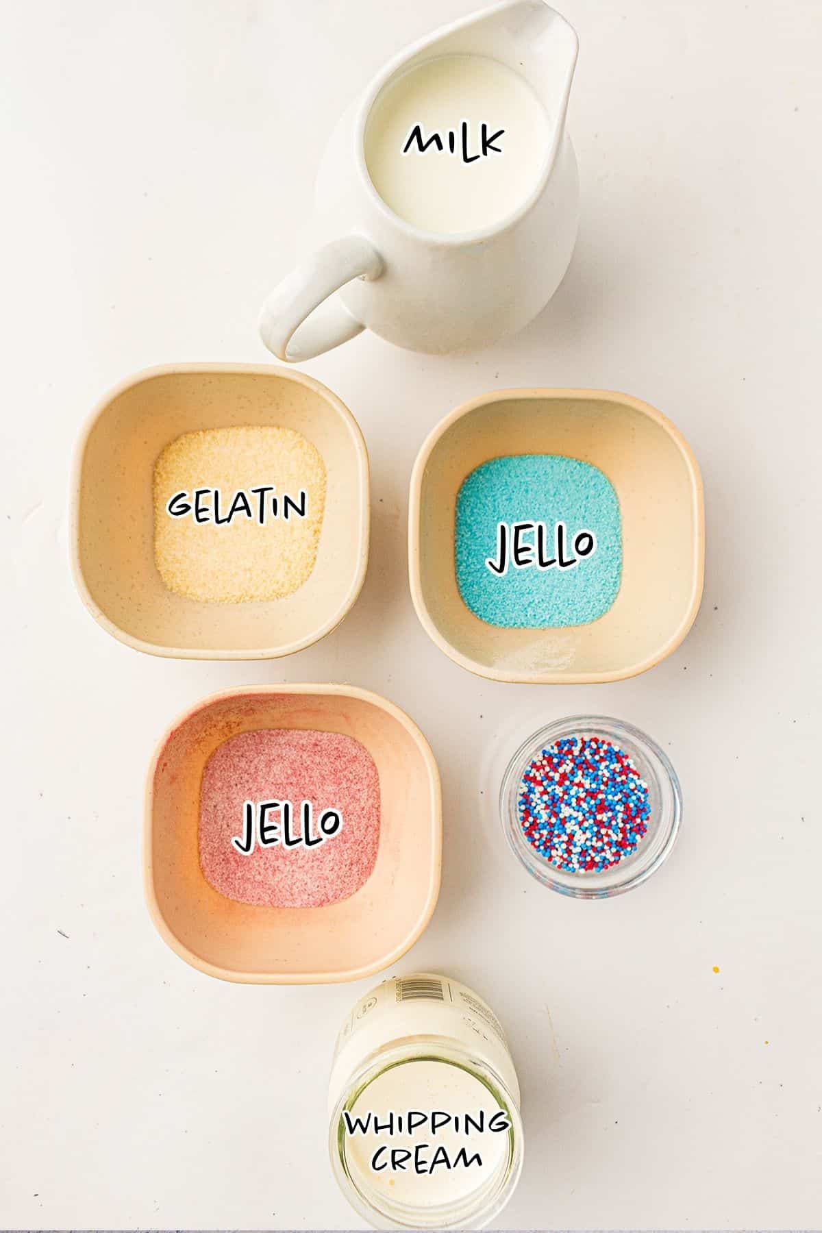 Red, White, and Blue Jello Cups Ingredients on a counter