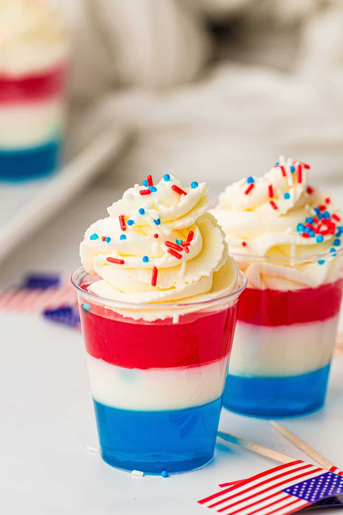 Red, White, and Blue Jello Cups with an American flag on the counter