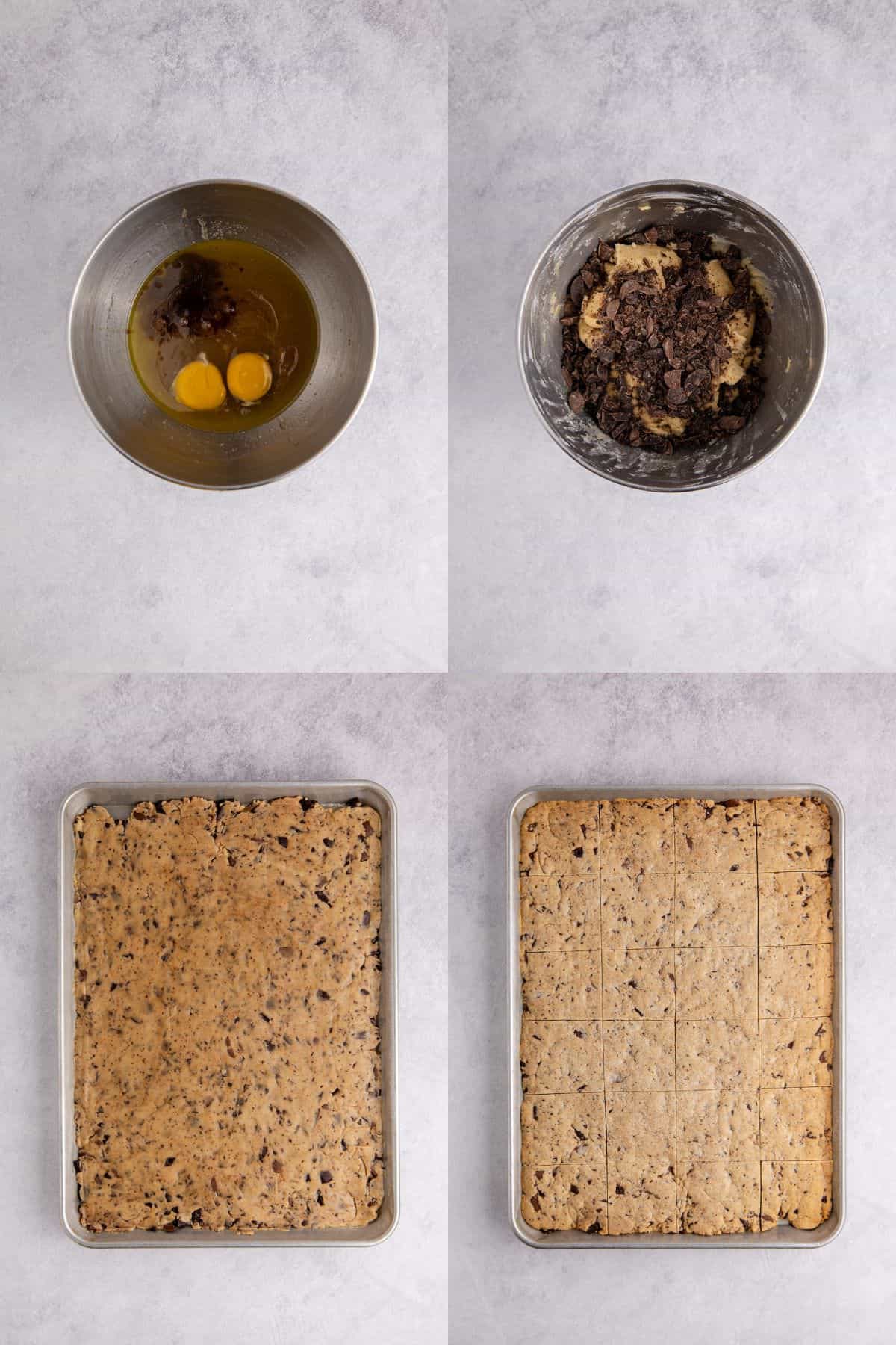 Sheet Pan Chocolate Chip Cookie dough being made in a bowl and half sheet pan