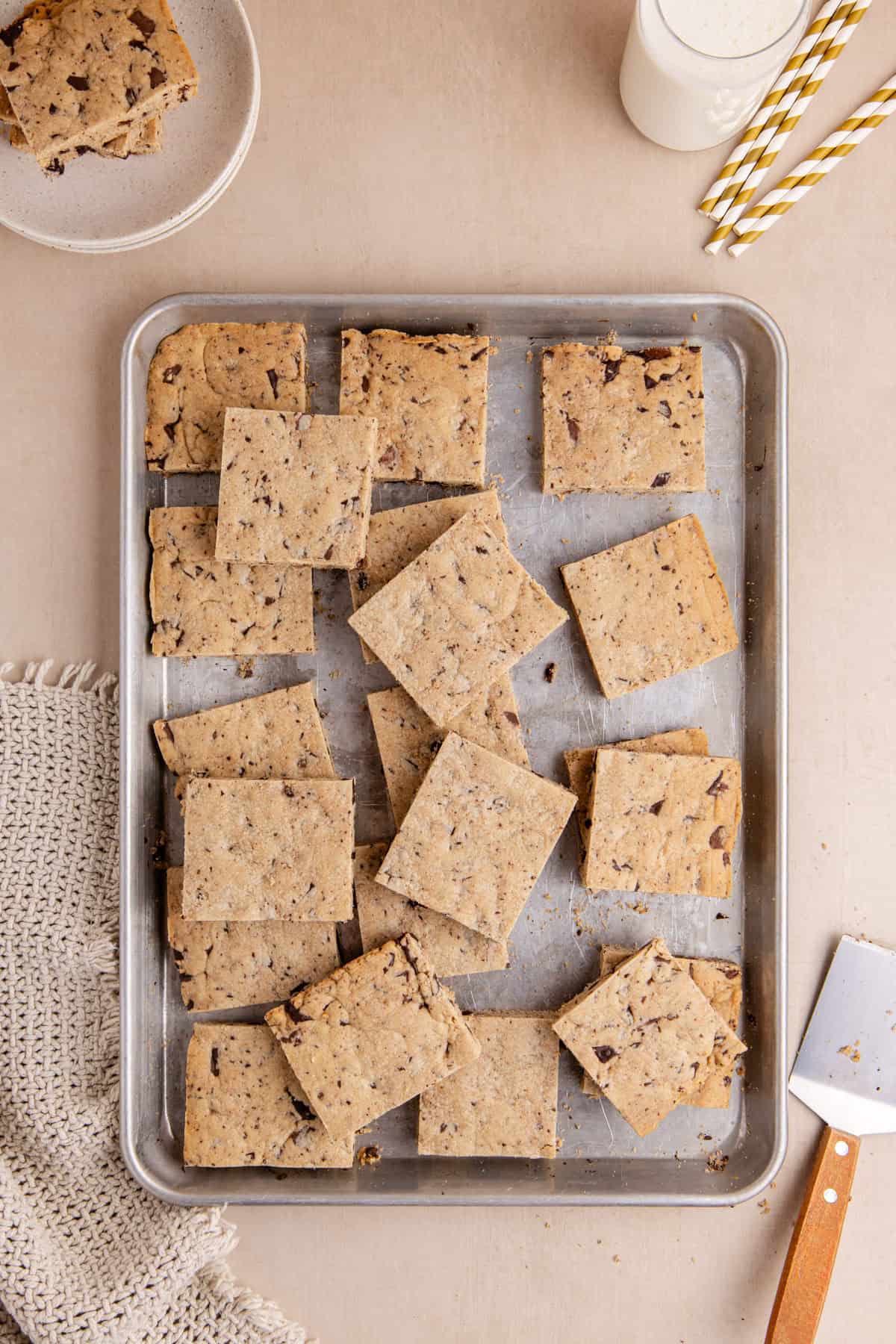 Sheet Pan Chocolate Chip Cookies from above on a pan