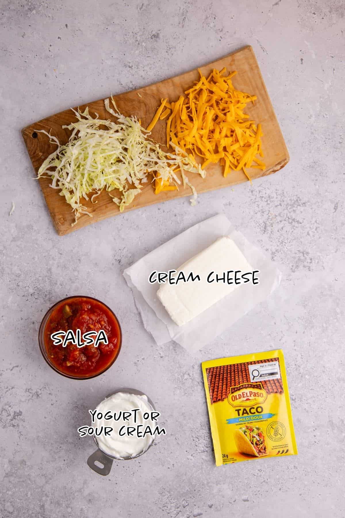Taco Dip with Cream Cheese Ingredients on a counter