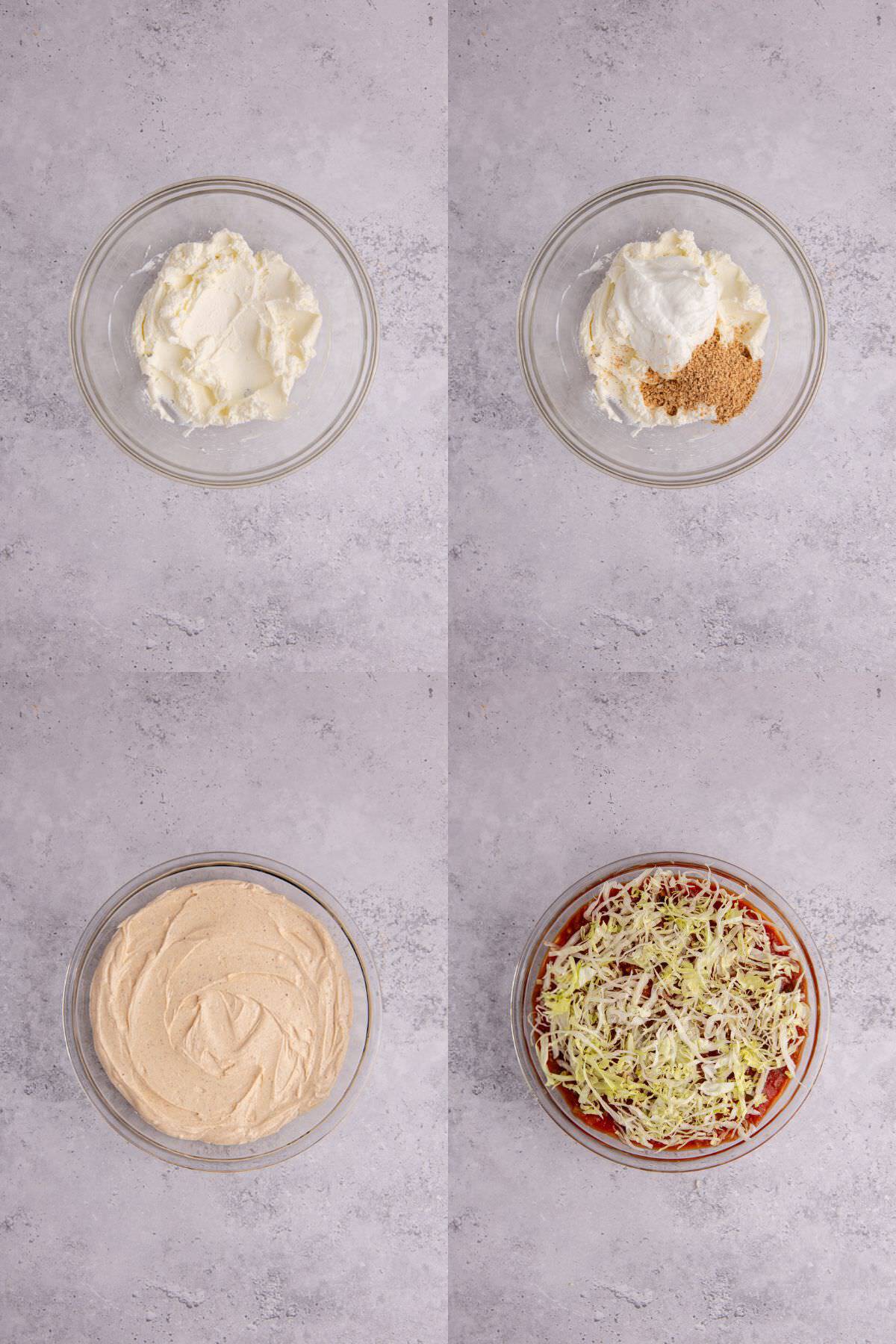 Taco Dip with Cream Cheese being mixed in a bowl and layered into a dish