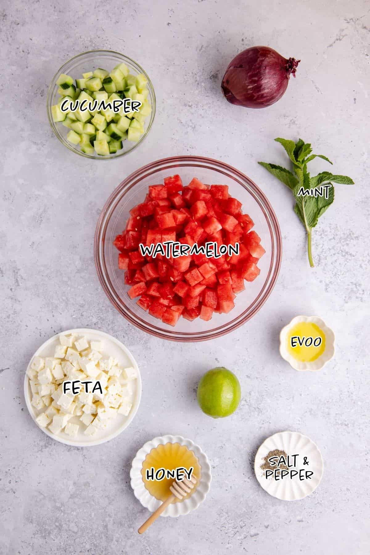 Watermelon Feta Salad Ingredients on a counter