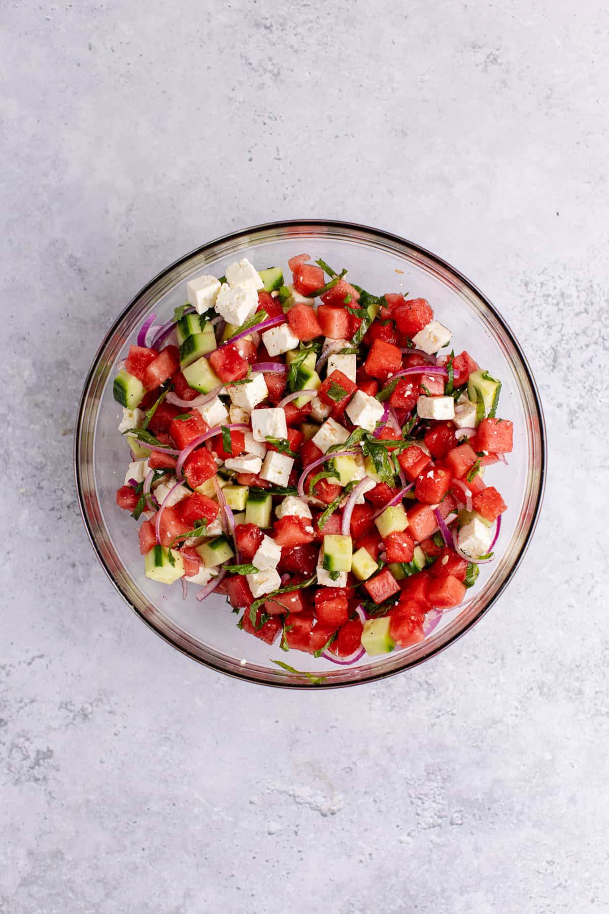 Watermelon Feta Salad mixed in a serving bowl
