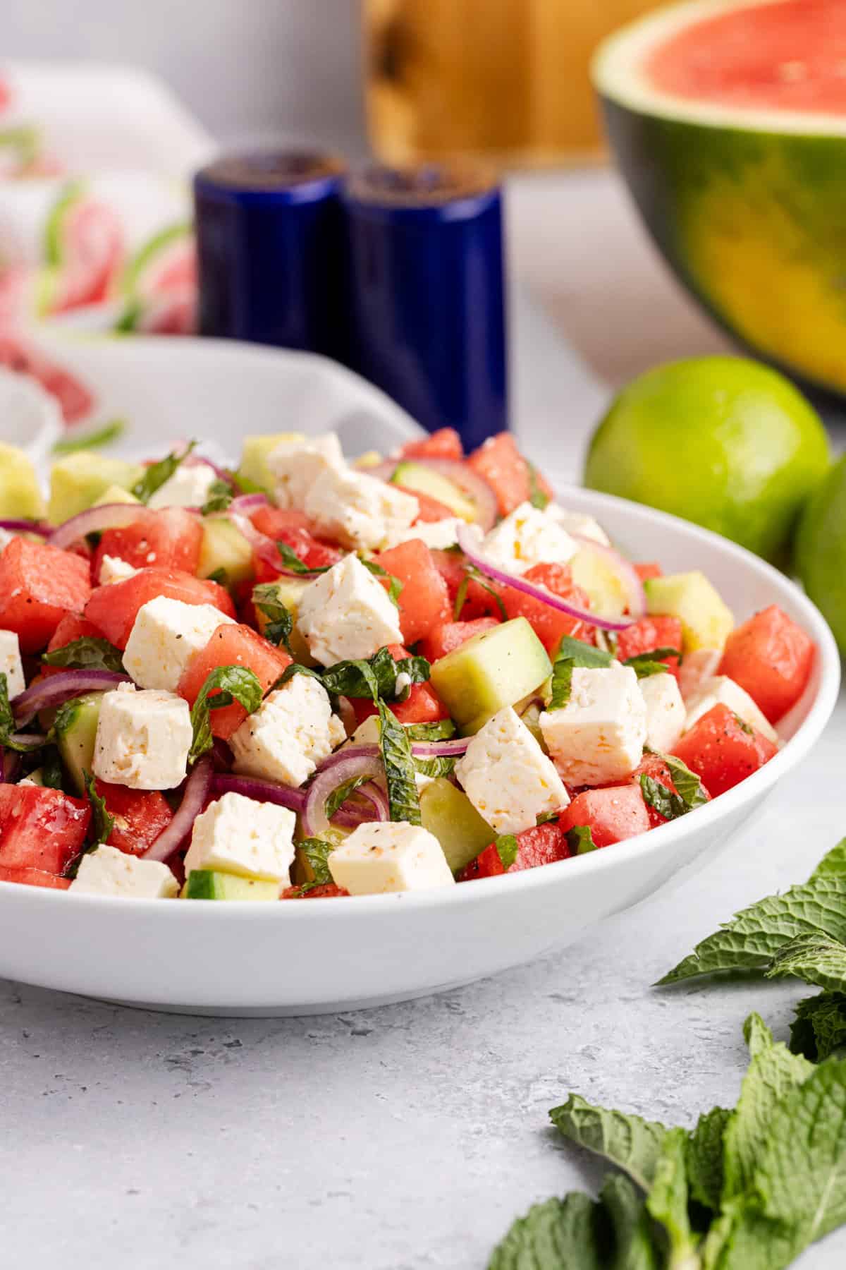 Watermelon Feta Salad in a white serving bowl