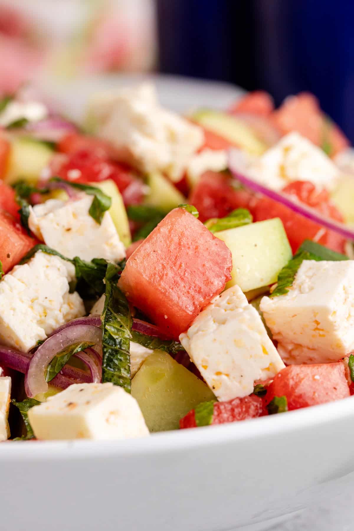 Watermelon Feta Salad up close in a bowl