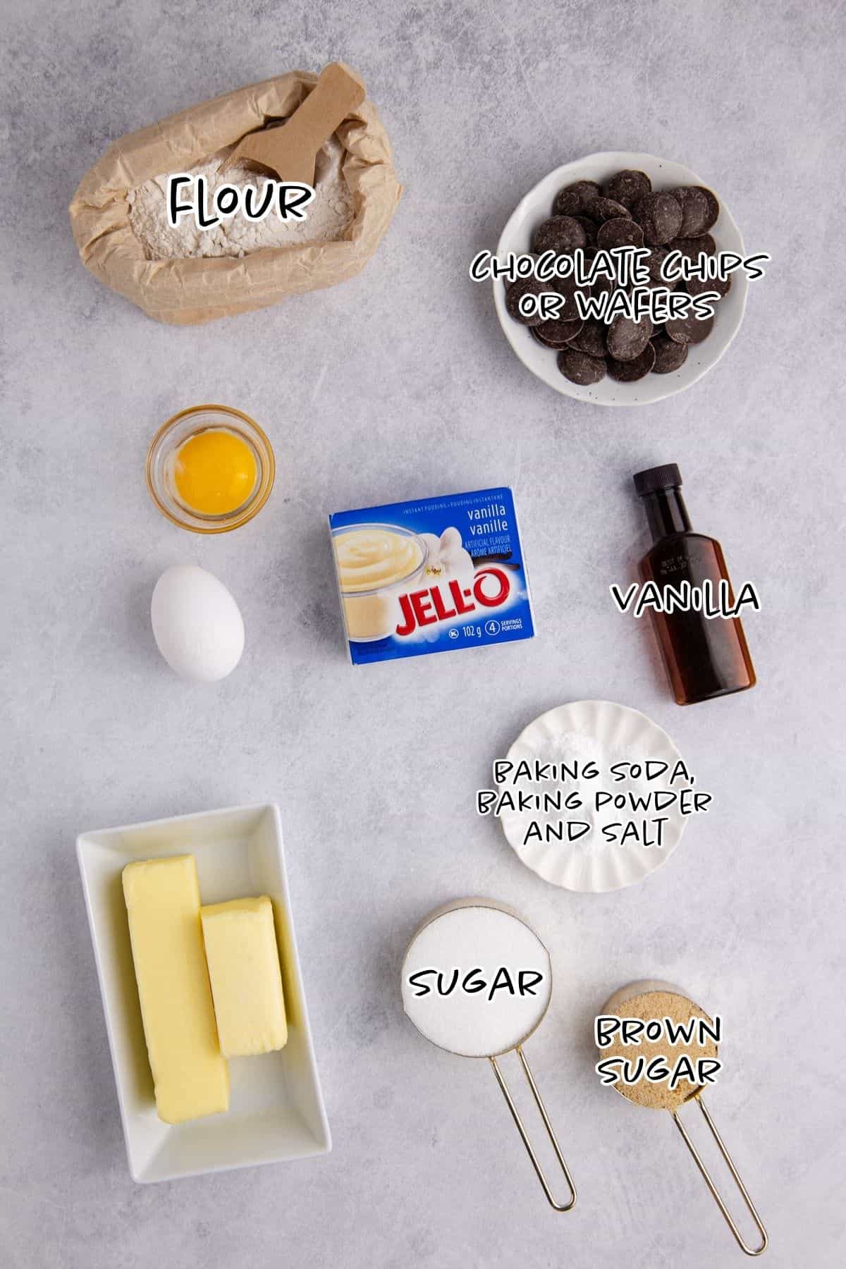 Chocolate Chip Vanilla Pudding Cookies Ingredients on a counter