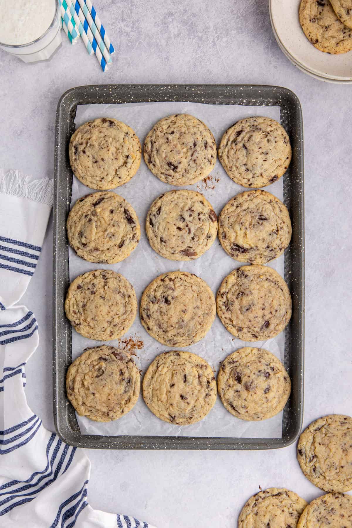 Chocolate Chip Vanilla Pudding Cookies baked on a cookie sheet