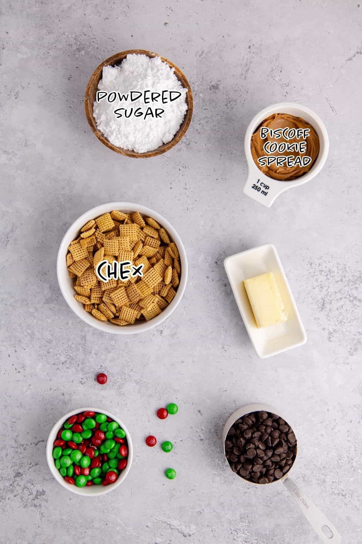 Christmas Puppy Chow ingredients on a counter