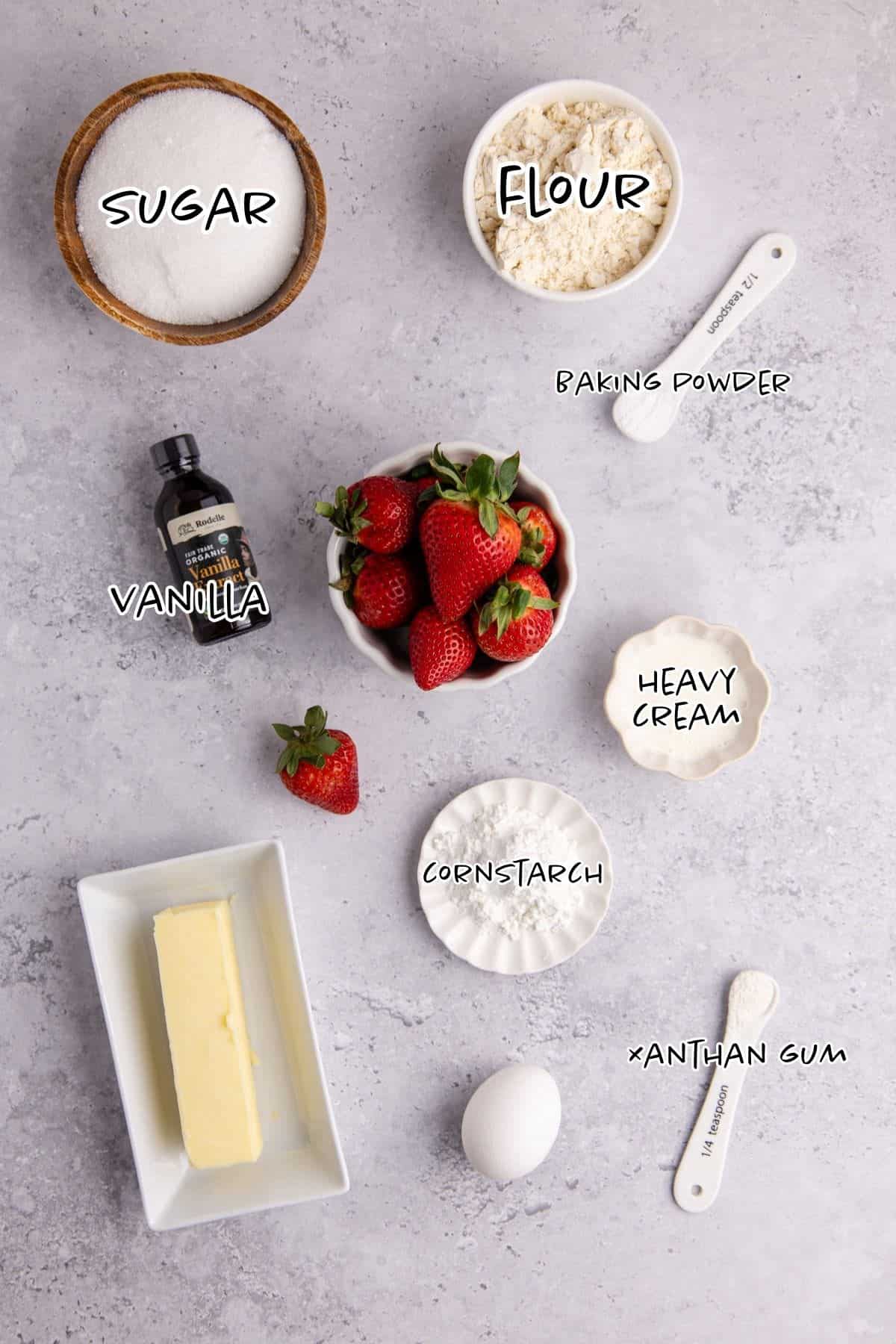 Gluten Free Strawberry Cobbler Ingredients on a counter