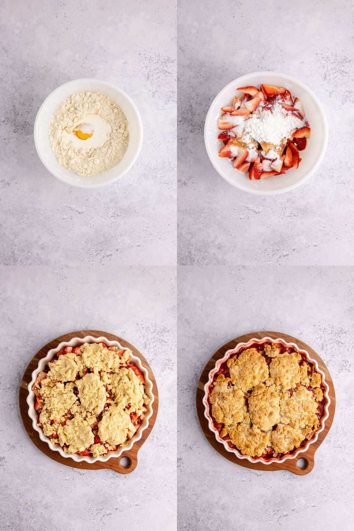 Gluten Free Strawberry Cobbler being made in a bowl then baking dish