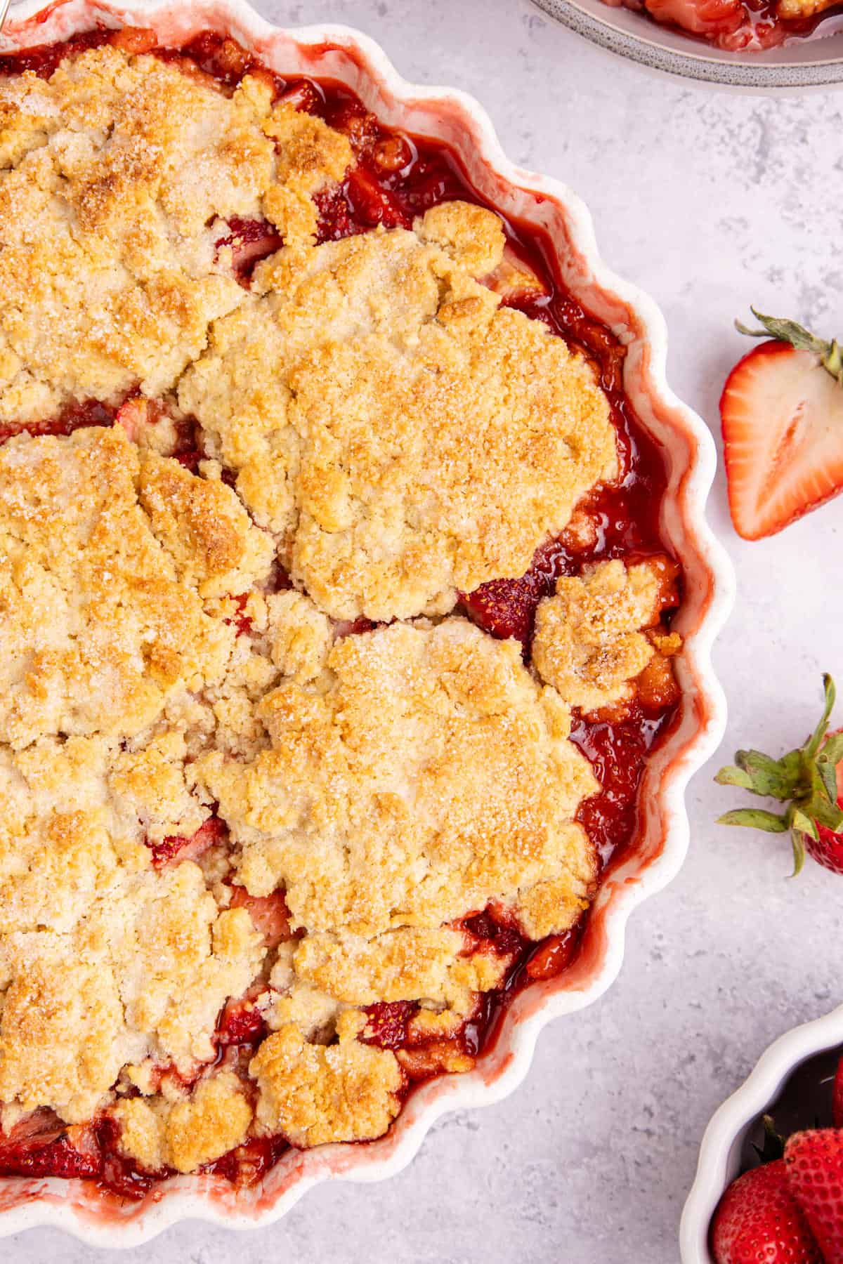 Gluten Free Strawberry Cobbler up close after baking