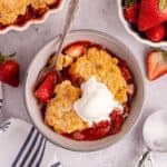 Gluten Free Strawberry Cobbler from above with a scoop of ice cream on top