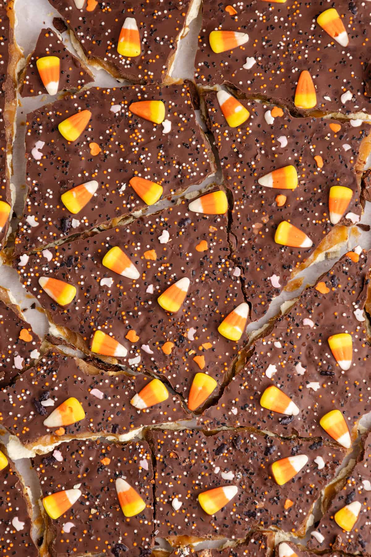 Halloween Crack finished with candy corn and sprinkles from above all broken into pieces