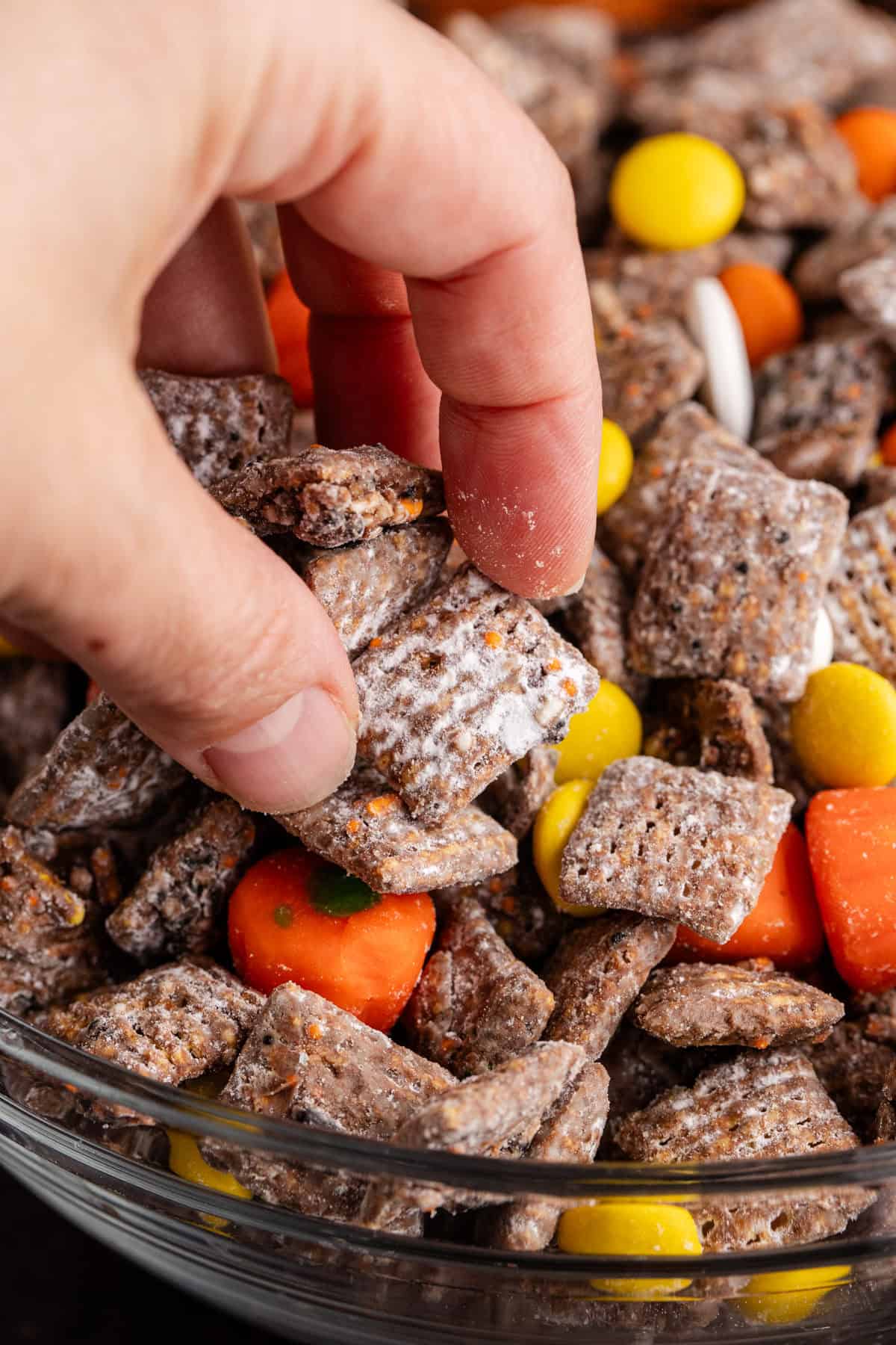 Halloween Puppy Chow up close being picked up