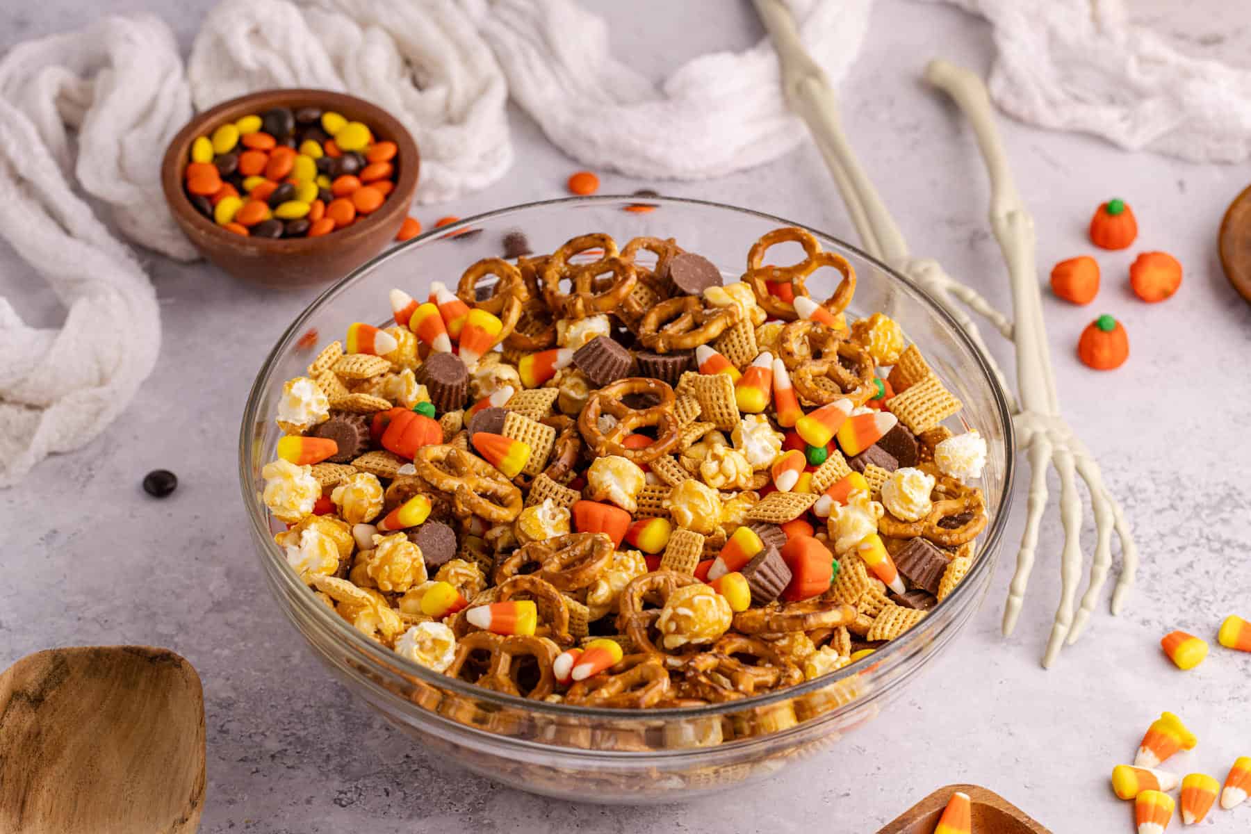 halloween snack mix in a large mixing bowl