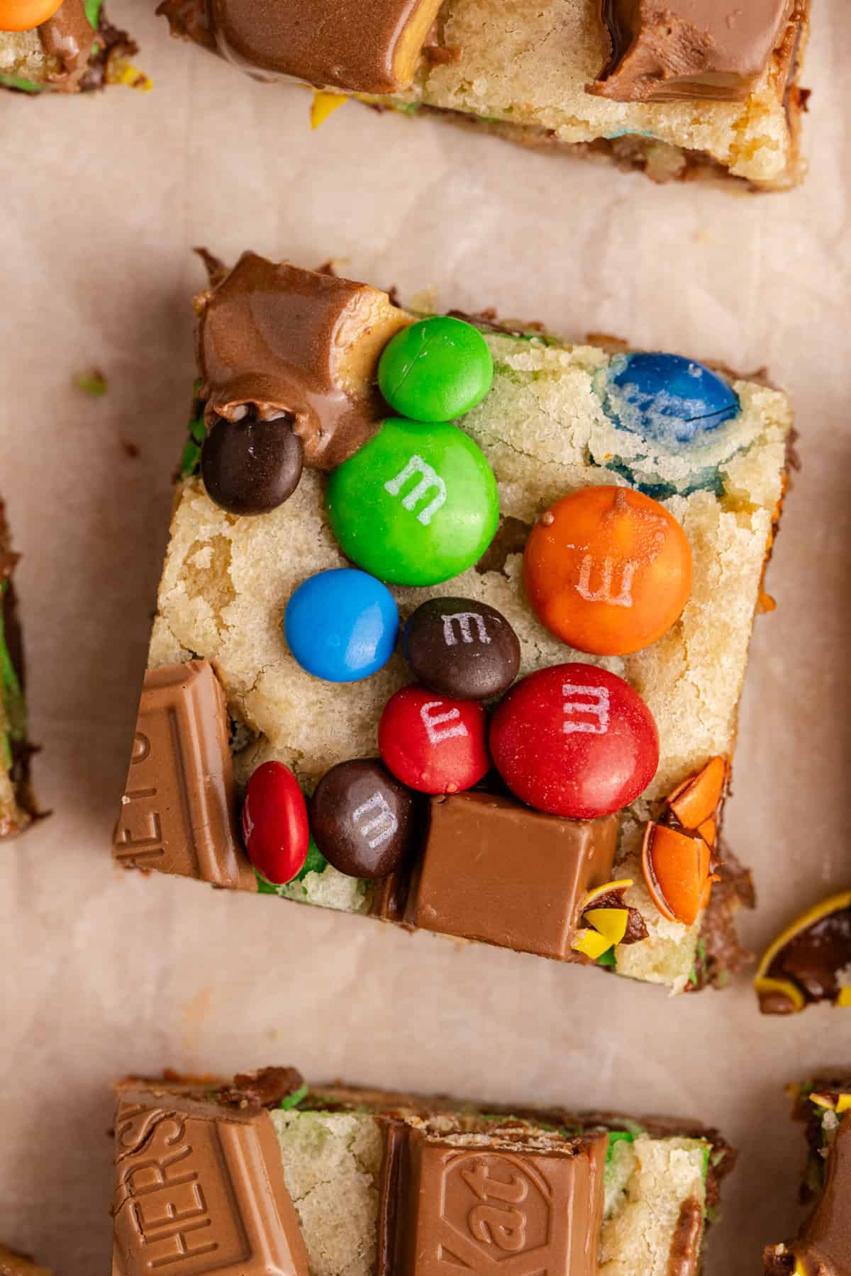 Leftover Candy Cookie Bar up close from above