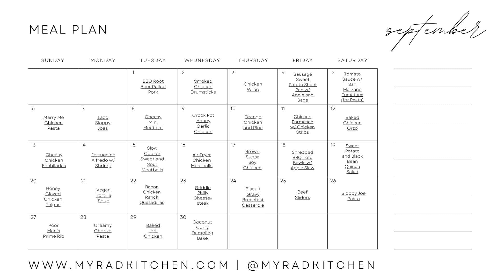 Monthly Meal Plan Calendar for September