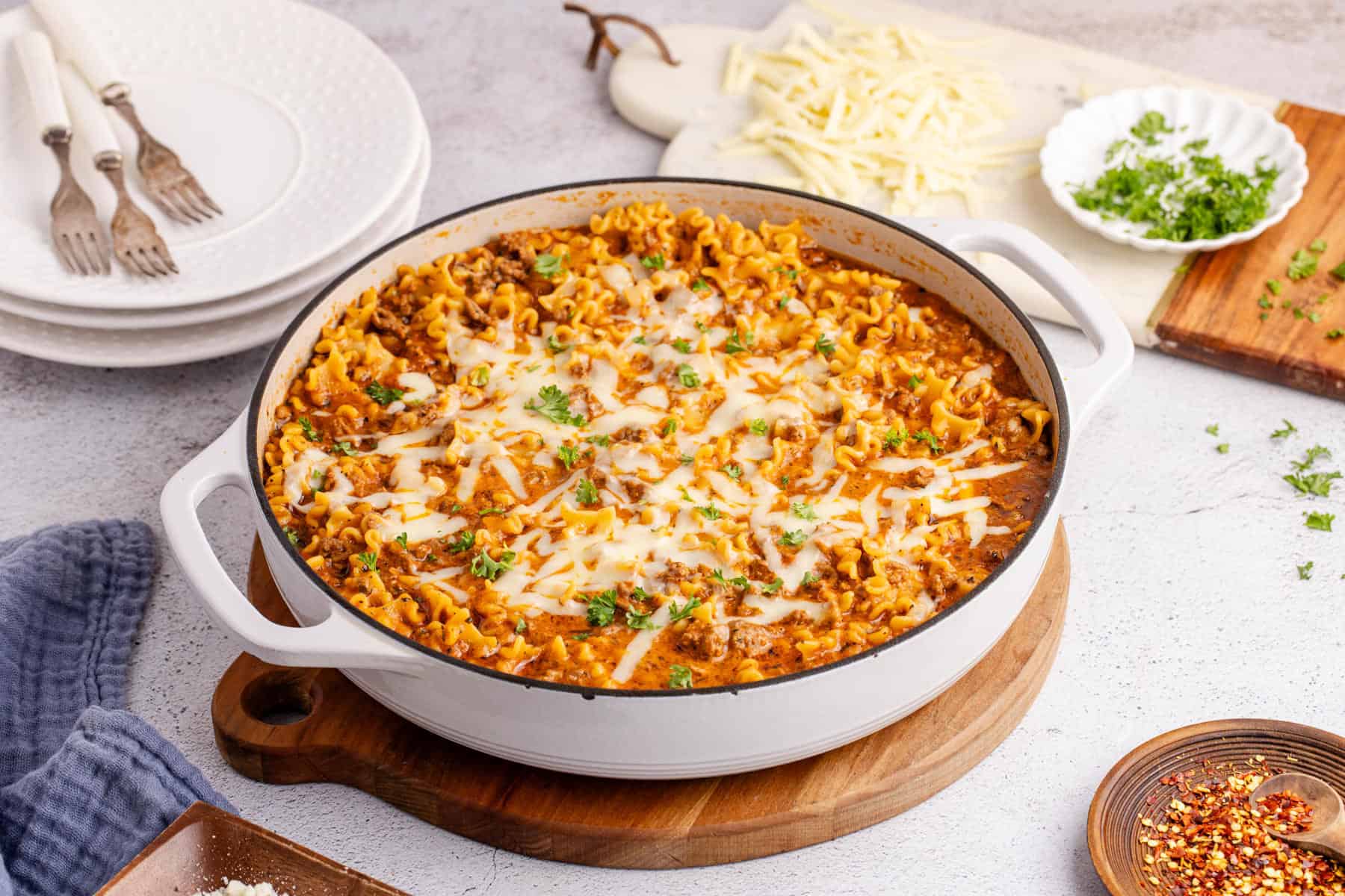 one skillet lazy lasagna in large cast iron skillet