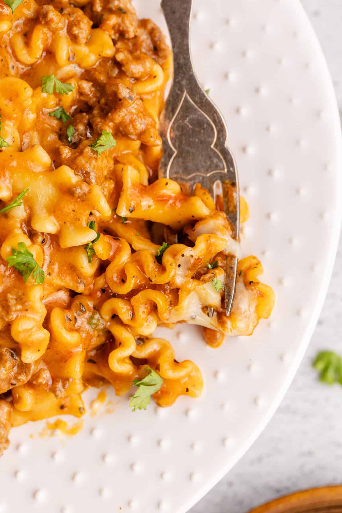 one pan lazy lasagna plated with a fork