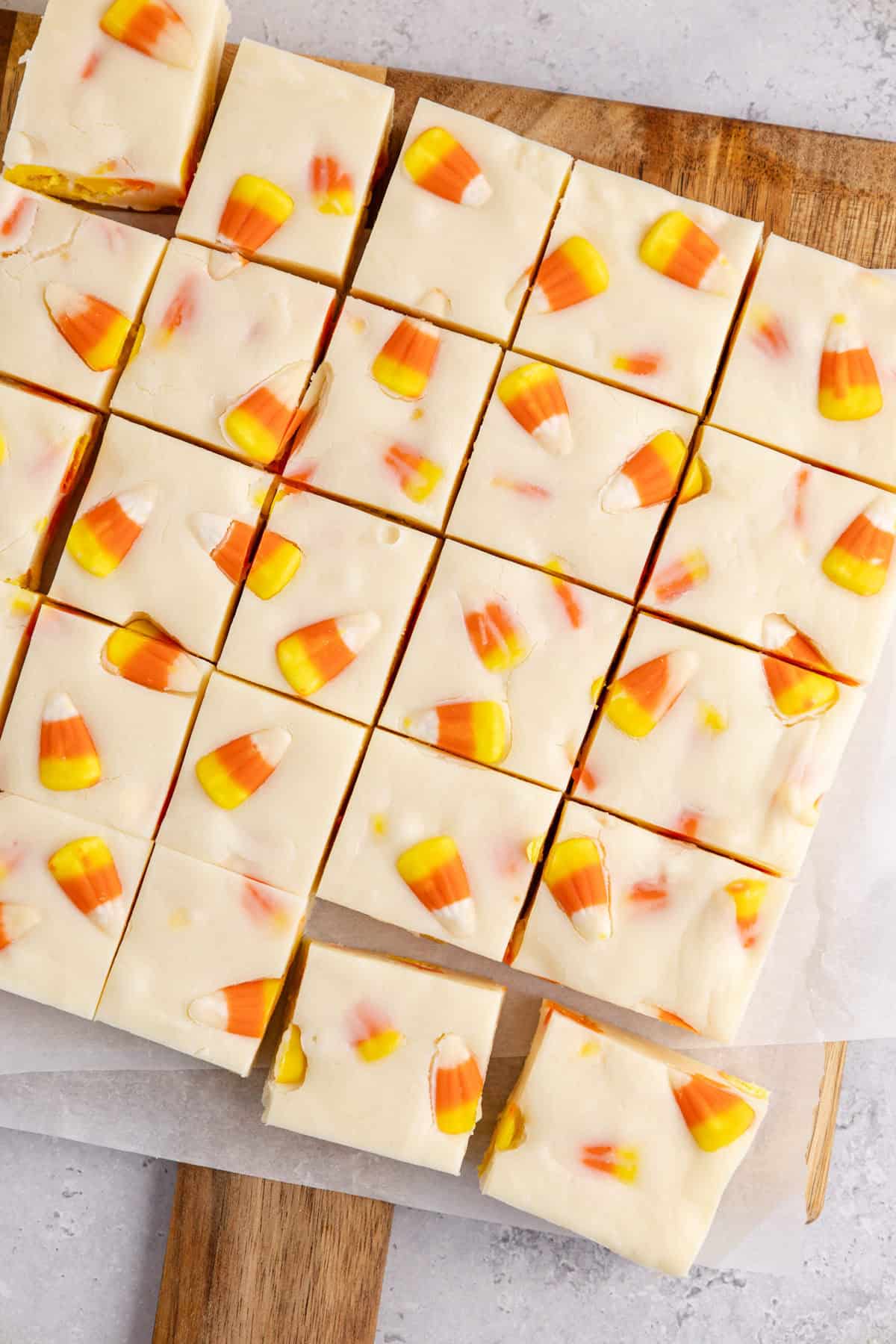 Candy Corn Fudge sliced into squares