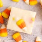 white chocolate candy corn fudge with candy corn beside