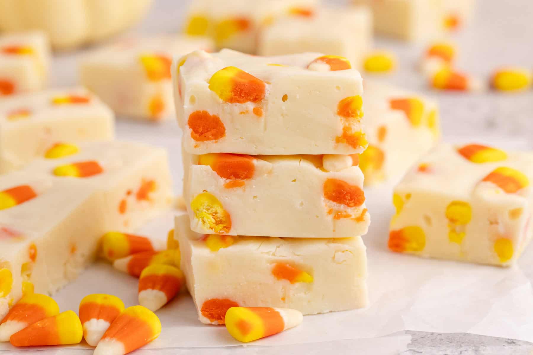 white chocolate candy corn fudge stacked
