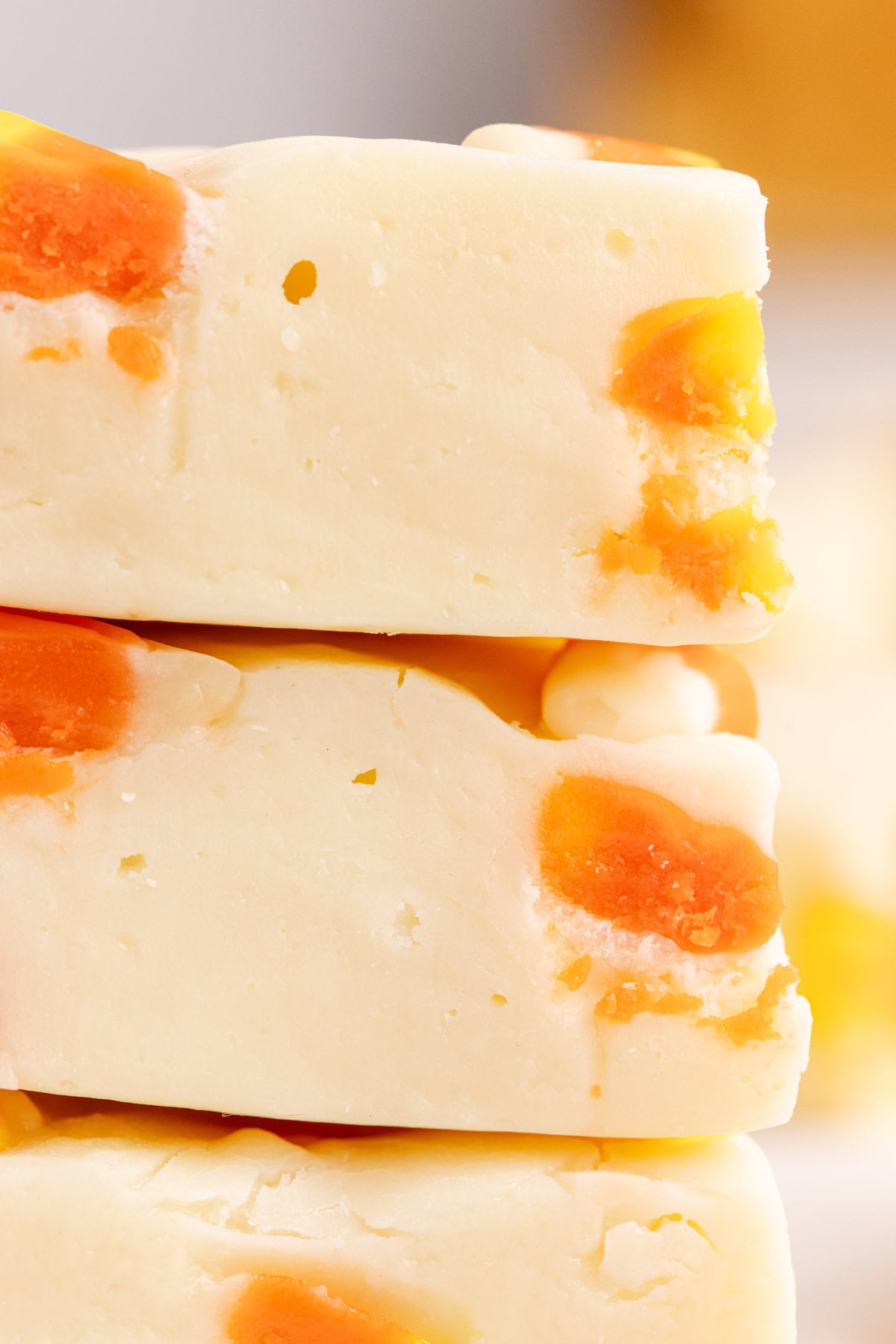 close up candy corn fudge stacked