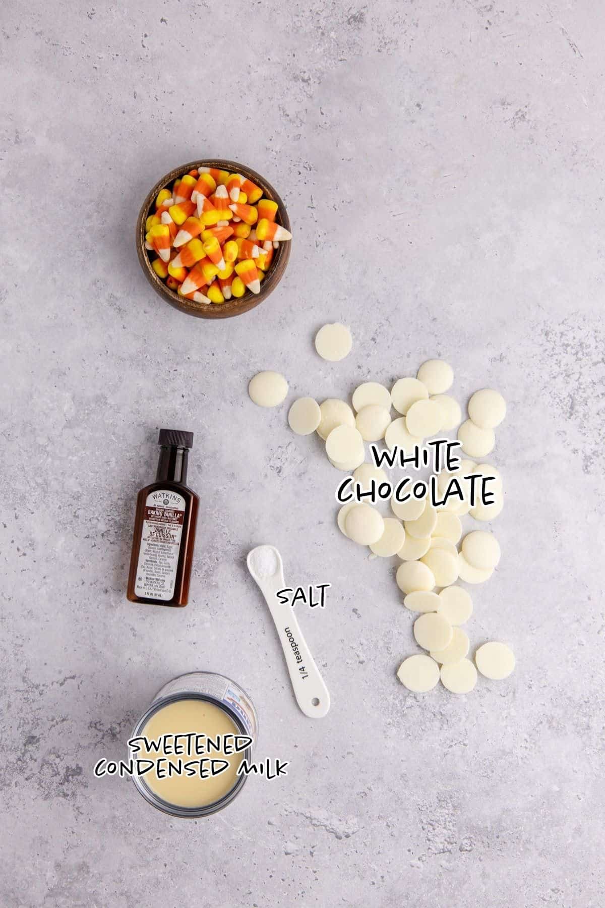 Candy Corn Fudge Ingredients on a Counter