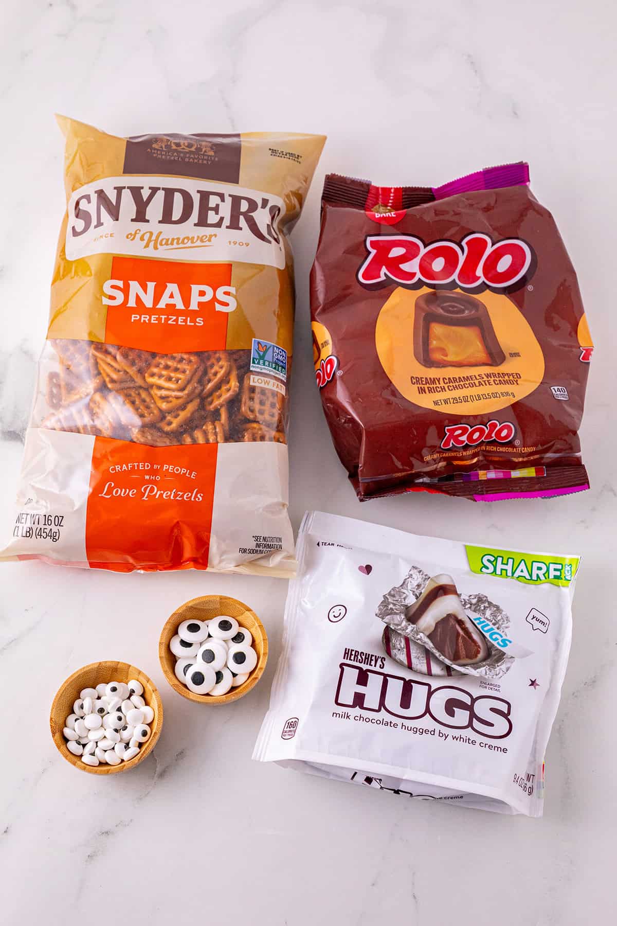 Monster Eye Pretzel Treats ingredients on a Counter
