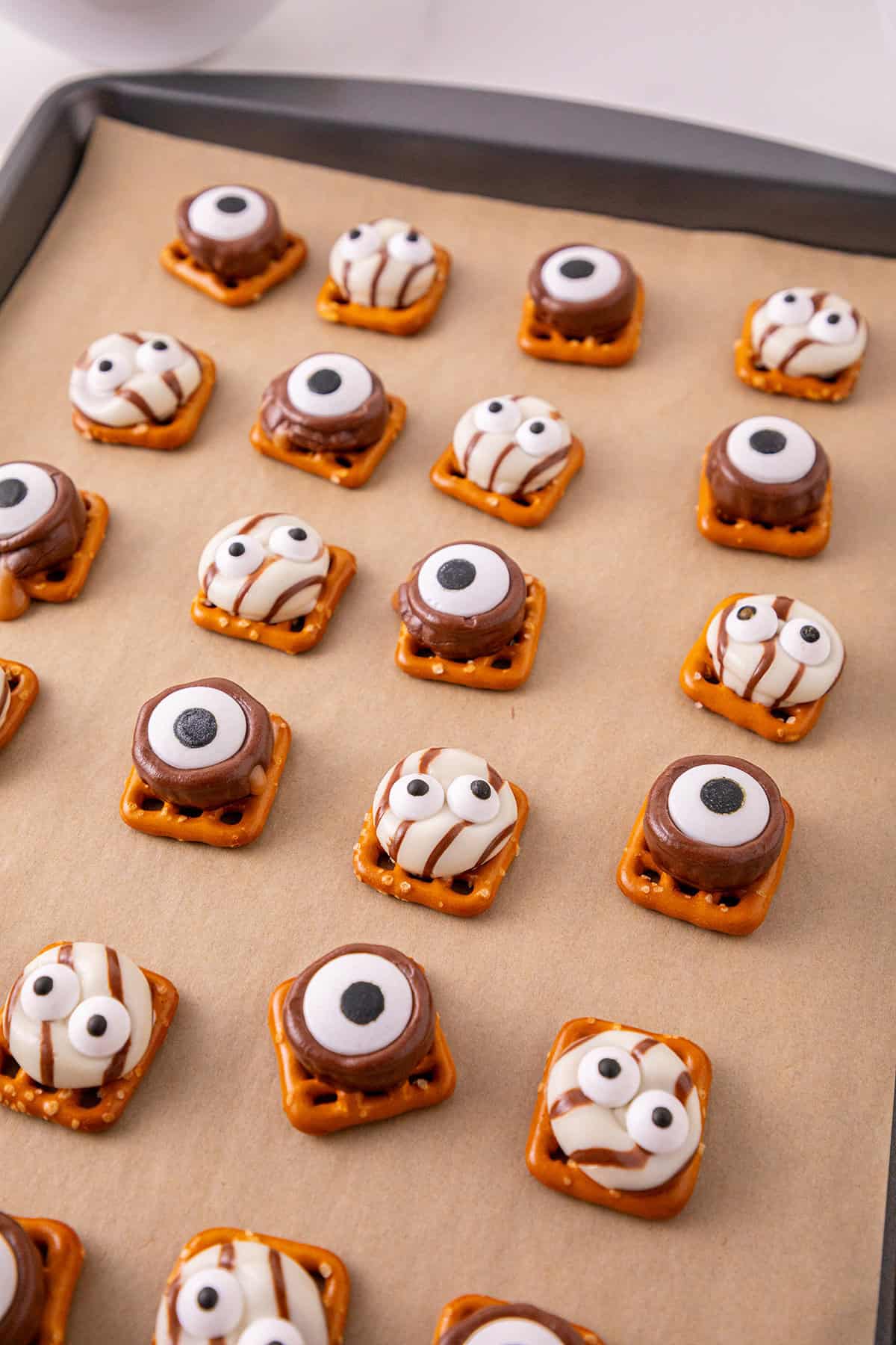 Monster Eye Pretzel Treats finished on a cookie sheet