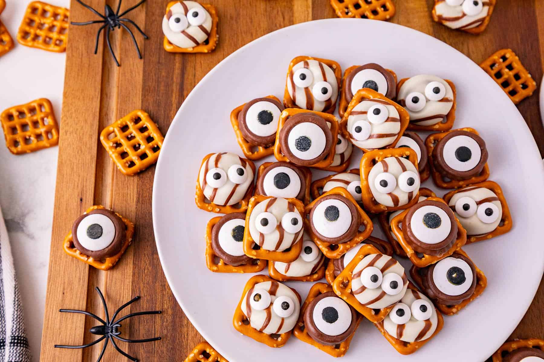 Monster Eye Pretzel Treats on a plate from above