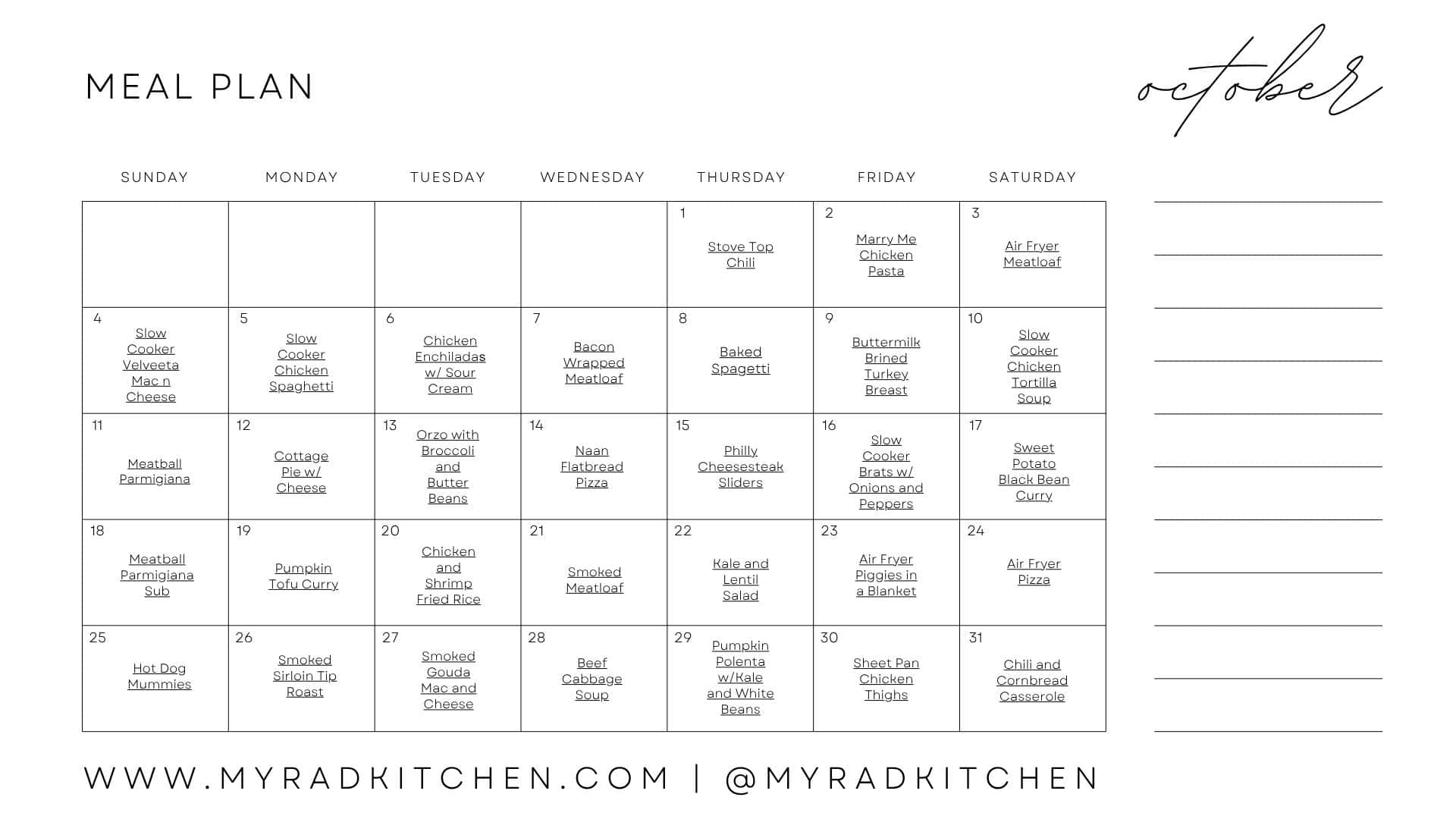 Monthly Meal Plan Calendar for October