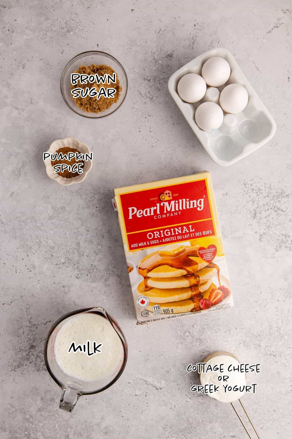 Pumpkin Spice Sheet Pan Pancakes Ingredients on a Counter