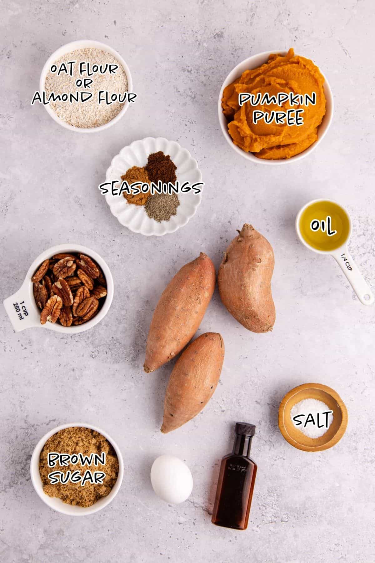 Sweet Potato Casserole with Pumpkin Ingredients on a Counter
