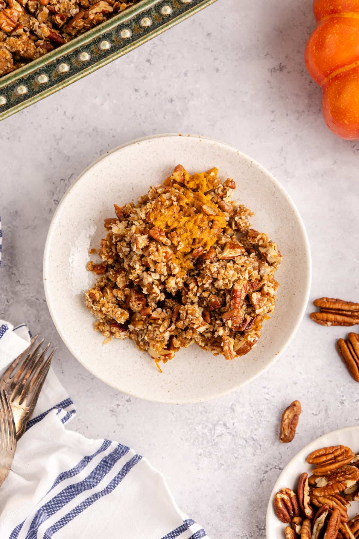 Sweet Potato Casserole with Pumpkin from above served on a plate