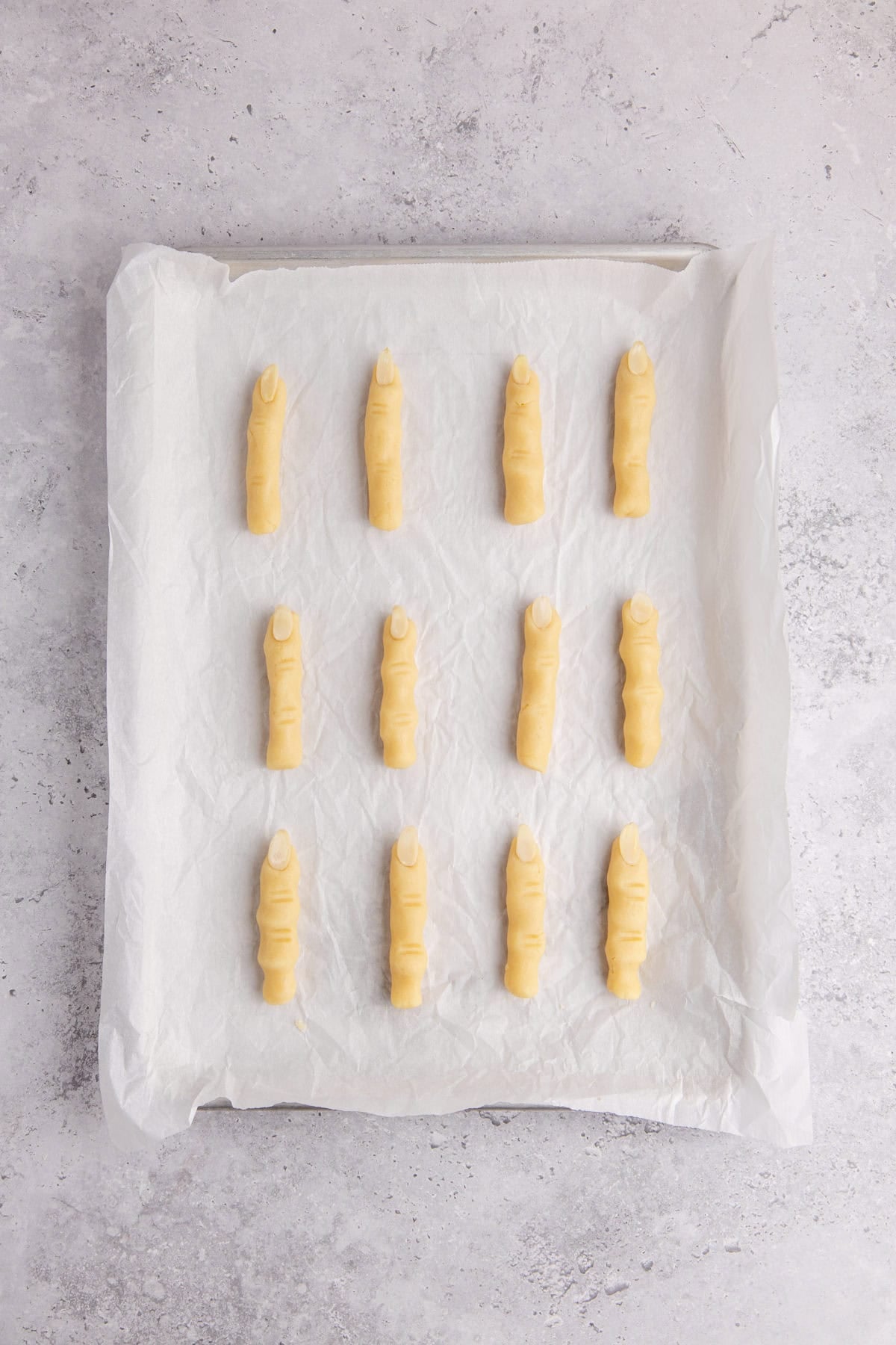 Witch Finger Cookies on a baking sheet to be baked