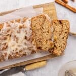 Apple Fritter Quick Bread from overhead with some slices taken
