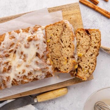 Apple Fritter Quick Bread from overhead with some slices taken